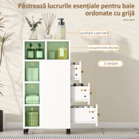 HOMCOM Dulap de Baie Compact cu Roți, 3 Sertare și 5 Compartimente cu Rafturi Reglabile, 20x40x80 cm, Alb(m-4)