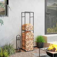 Outsunny Metal Firewood Log Holder, Heavy Duty Firewood Rack with Adjustable Shelf, Indoor Outdoor Fireplace Wood Storage Shelf, 45 x 31 x 170 cm, Black(m-2)