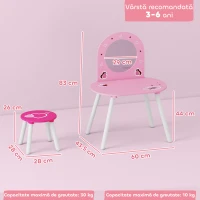 AIYAPLAY Set măsuță de toaletă pentru fetițe 3-6 ani, cu scaun, oglindă incasabilă, model cu inimioare, roz(m-3)