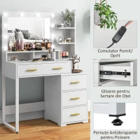 HOMCOM Masă de Machiaj din Lemn cu 4 Sertare, 6 Rafturi Deschise și Oglindă, 100x40x138 cm, Alb(m-6)