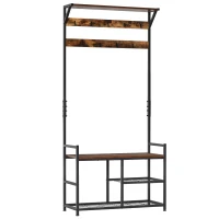 HOMCOM Coat Rack Stand Shoe Storage Bench with 9 Hooks Shelves for Bedroom Living Room Entryway Brown and Black 180cm(m-1)