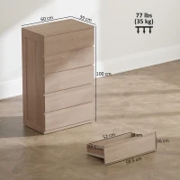 HOMCOM Comodă cu 5 Sertare din Lemn cu Ghidaje Metalice și Mânere Canelate, 60x39x100 cm, Lemn Natural(m-3)