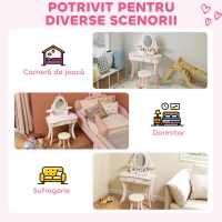 AIYAPLAY Set Măsuță de Toaletă cu Oglindă și Scăunel din Lemn 2 în 1 pentru Copii cu 7 Accesorii Incluse, Roz(m-9)