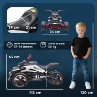 AIYAPLAY Quadricilo Elétrico para Crianças 12V com 2 Motores Velocidade até 5 km/h 3 Rodas Faróis Buzina Música 113x74x63 cm Preto e Branco(m-3)