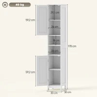 HOMCOM Mobile Alto Bagno con 2 Ripiani Aperti e 2 Armadietti con Scaffali Regolabili, in Legno, 30x30x170 cm, Bianco(m-3)