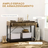 HOMCOM Mesa Consola Industrial Mesa de Sofá com 2 Gavetas e Prateleira para Entrada com Pés de Metal Castanho e Preto(m-4)