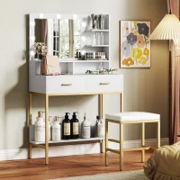 HOMCOM Tocador de Maquillaje con Luz y Taburete Mesa de Maquillaje con 2 Cajones y Estantes de Almacenamiento Blanco(m-10)