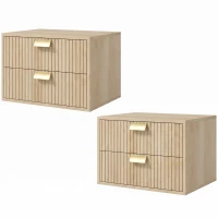 HOMCOM Modern Floating Nightstands Set of 2, Wall Mounted Bedside Tables with 2 Drawers, Oak(m-15)