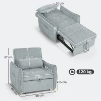 HOMCOM Fotoliu Extensibil 3 în 1 cu Spătar Reglabil și Pernă, Tapițerie din Chenille, 88x84x87 cm, Gri(m-3)