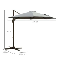 Outsunny Umbrelă de Grădină cu Manivelă și 8 Spițe, Unghi Reglabil, Ø2,95x2,5 m, Gri(m-3)
