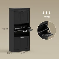 HOMCOM Dulap Modern pentru Pantofi cu 3 Sertare Rabatabile pentru 15 Perechi de Pantofi și Raft Reglabil, 54x24x117.5cm, Negru(m-3)