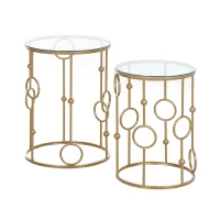 HOMCOM 2er-Set Couchtisch, Beistelltisch mit Glasplatte, Wohnzimmertisch mit Reifen- und Kugeldesign Ø41 x 57 cm, Gold(m-1)