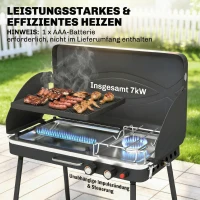 Outsunny Tragbarer Gasgrill 2 Brenner 7 kW 2-in-1 Tischgrill mit Braten klappbar Beinen Grillrost Windschutz Deckel Verschluss(m-6)
