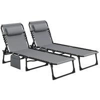 Outsunny Portable Sun Lounger Set of 2, Folding Camping Bed Cot, Reclining Lounge Chair 5-position Adjustable Backrest with Side Pocket, Pillow for Patio Garden Beach Pool, Grey(m-1)