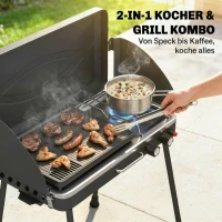 Outsunny Tragbarer Gasgrill 2 Brenner 7 kW 2-in-1 Tischgrill mit Braten klappbar Beinen Grillrost Windschutz Deckel Verschluss(m-4)