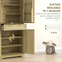 HOMCOM Bufet de Bucătărie Stil Boho cu 2 Dulapuri, Sertar și Suport pentru Condimente din Lemn și Ratan, 76x40x183cm, Stejar(m-6)