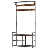 HOMCOM Coat Rack Stand Shoe Storage Bench with 9 Hooks Shelves for Bedroom Living Room Entryway Brown and Black 180cm(m-10)
