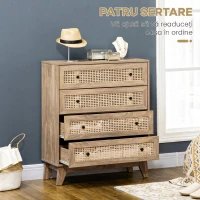 HOMCOM Comodă cu 4 Sertare și Inserții din Rattan Stil Boho, 80x35x95 cm, Lemn Natural(m-5)