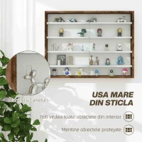 HOMCOM Vitrină de perete cu 4 rafturi ajustabile, din sticlă și lemn, 80x9,5x60 cm, maro(m-5)