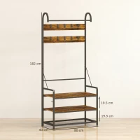 HOMCOM Cuier de Hol cu Bară, 10 Cârlige, Bancă și Suport pentru Pantofi, din Lemn și Metal, 80x40x182 cm, Maro și Negru(m-3)