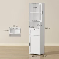 HOMCOM Mobilier Baie Slim cu Dulapuri și Ușă din Sticlă, Mobil Economisitor de Spațiu cu Raft Deschis, Sertar, Rafturi Reglabile, Coloană Modernă, 40x30x165 cm, Alb(m-3)