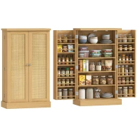 HOMCOM 104 cm Rattan-Küchenschrank mit 5-stufigem Regal, 12 Gewürzfächern und verstellbaren Böden, Natur(m-12)