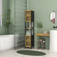 HOMCOM Dulap de baie cu șipci, 2 rafturi deschise și 2 dulapuri, din MDF și bambus, 32x30x172 cm, negru și culoare lemn(m-14)