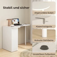 HOMCOM Birou pentru Cameră cu Blat Curbat, 6 Rafturi și 4 Polițe Reglabile, din Oțel și Lemn, 100x59x75,5 cm, Alb(m-7)
