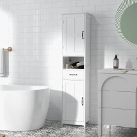 kleankin Coluna de Casa de Banho com 2 Portas 1 Gaveta Prateleira Aberta e Prateleiras Ajustáveis 40x30x164 cm Branco(m-10)