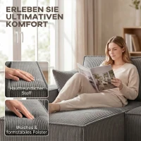 HOMCOM Ecksofa mit Doppel-Chaiselongues, U-förmiges Sofa aus Cordstoff mit breitem und tiefem Sitz, Federkernkissen, Hellgrau(m-4)