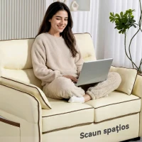 HOMCOM Canapea 2 Locuri din Piele Ecologică cu Umplutură Groasă, Buzunar Lateral și 2 Perne, 136x81x90 cm, Bej(m-5)