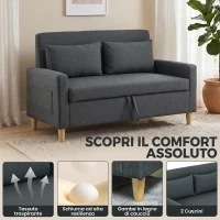 HOMCOM Divano 2 Posti con Spazio Portaoggetti e Cuscini, in Tessuto Effetto Lino e Legno, 135x72x84 cm, Grigio Scuro(m-5)