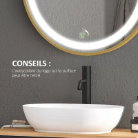 kleankin Miroir rond lumineux LED avec 3 couleurs de température, interrupteur tactile, affichage de l'heure, fonction mémoire(m-8)