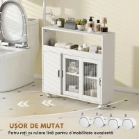 HOMCOM Dulap pentru Baie pe Rotile din Lemn cu Spațiu Deschis, Rafturi Reglabile și Uși din Sticlă, 71x20x70 cm, Alb(m-6)
