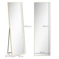HOMCOM Espejo de Pie Cuerpo Entero de Aleación de Aluminio Espejo de Pared con 2 Formas de Uso Rectangular 50x161,5x2 cm Dorado(m-3)