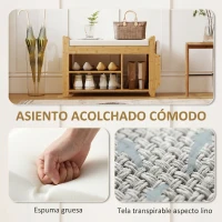 HOMCOM Banco Zapatero con Asiento Acolchado Almacenamiento Lateral Estante para Botas Marco de Bambú 80x30x50 cm Natural(m-6)