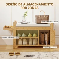HOMCOM Banco Zapatero con Asiento Acolchado Almacenamiento Lateral Estante para Botas Marco de Bambú 80x30x50 cm Natural(m-4)