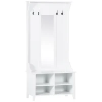 HOMCOM Garderobenständer mit Sitzbank Garderobenset Flurgaderobe 3-in-1 mit Schuhschrank Wandspiegel 4 Haken Weiß 80 x 40 x 170 cm(m-12)