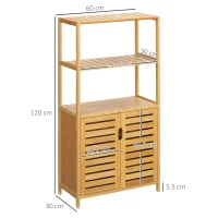 kleankin Mobiletto Bagno con 2 Ripiani Aperti e Armadietto a 2 Ante in Bambù 60x30x120cm(m-3)