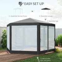 Outsunny 4m Hexagon Gazebo Party Tent, Screen House Patio Canopy Event Shelter for Activities, Shade Resistant, Dark Grey(m-17)