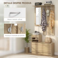 HOMCOM Cuier 3 în 1 cu Suport pentru Pantofi și Oglindă, Cârlige și Sertare, din Lemn, 90x24x177 cm, Culoare Stejar(m-5)