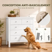 HOMCOM Commode à 5 tiroirs, meuble de rangement, avec poignées, glissières métalliques,  en bois, 79l x 39,5P x 80,5H cm, blanc(m-5)