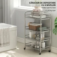 HOMCOM Cărucior multifuncțional cu 4 niveluri, cu 2 rafturi reglabile și margini ridicate, din oțel inoxidabil, 60x35x100 cm(m-9)