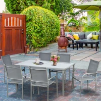 Outsunny 7 Piece Garden Dining Set - Outdoor Table and 6 Stackable Chairs with Steel Frame, Tempered Glass Top Table, and Mesh Seats, Grey(m-10)