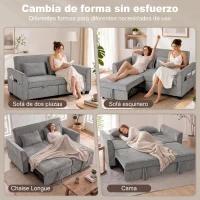 HOMCOM Sofá Cama 2 Plazas 4 en 1 con 2 Módulos Extraíbles Respaldo Ajustable 3 Niveles Bolsillos Laterales 2 Almohadas Gris(m-4)