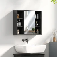 HOMCOM Dulap cu Oglindă pentru Baie, 3 Rafturi Laterale, Raft Reglabil, MDF și PAL, 60x14,5x49,4 cm, Negru și Lemn Natur(m-7)