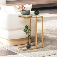 HOMCOM C-Shaped Side Table, Modern Slim End Table with Tempered Glass Tabletop, Steel Frame for Small Space, Living Room, Bedroom, Gold Tone(m-8)