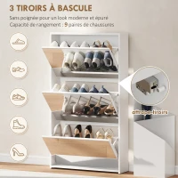HOMCOM Meuble à chaussures 9 paires, armoire à chaussures étroite, 3 tiroirs rabattables et portes miroirs, 65x17x114,5cm blanc(m-4)