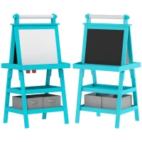 AIYAPLAY Tablă pentru Copii cu Șevalet 3 în 1, Rolă de Hârtie și 2 Containere, din Lemn, 59x48x118 cm, Albastru(m-1)