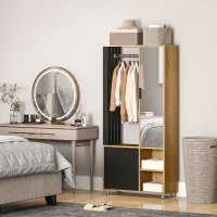 HOMCOM Kleiderschrank mit Spiegel und Hängestange, Aufbewahrungsfächer, offene Ablageflächen, Naturholz, Schwarz(m-10)